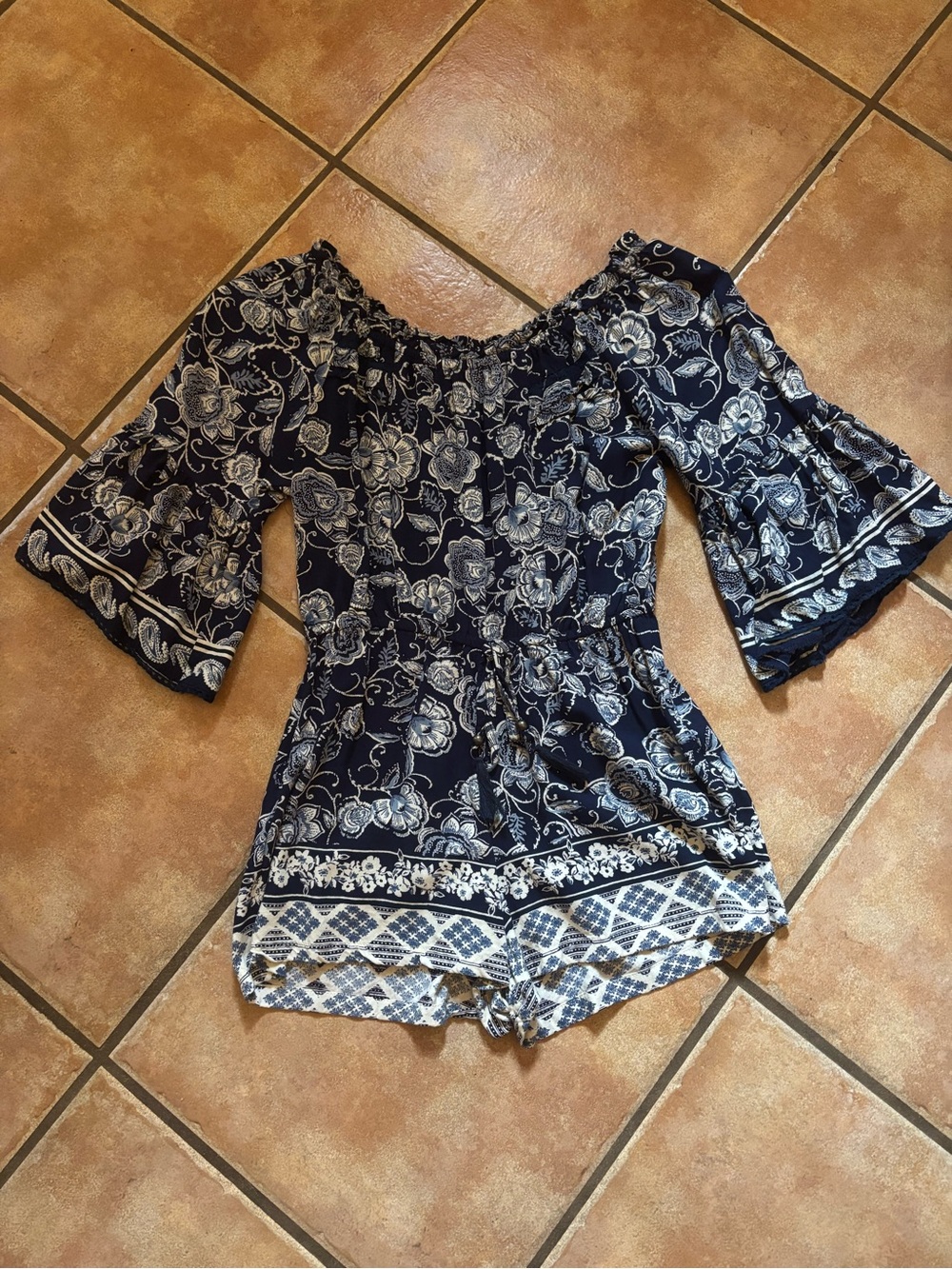 Angie Navy and White Floral Off-Shoulder Camisole Romper